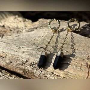 🖤 NWOT Gold Tone Black Onyx Point Dangle Earrings Convertible Pendant Drop 2.5”